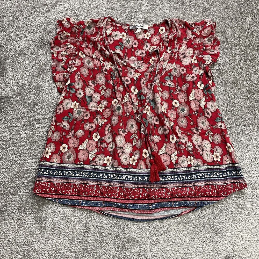Feelib Feel Liberation Blouse Top womens XL Red tassels Floral Flutter Sleeve